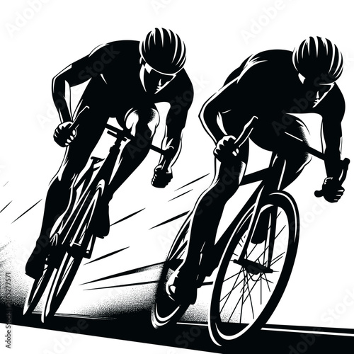 Cyclists riding bikes racing white background

