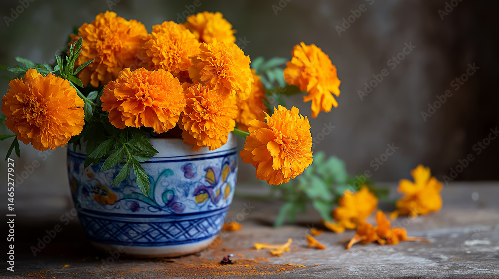 Vibrant orange marigolds in ceramic pot on wooden table