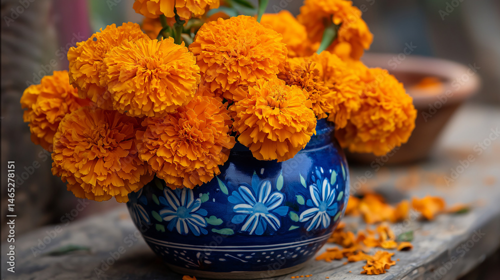 Vibrant orange marigolds in a blue ceramic pot on a wooden table