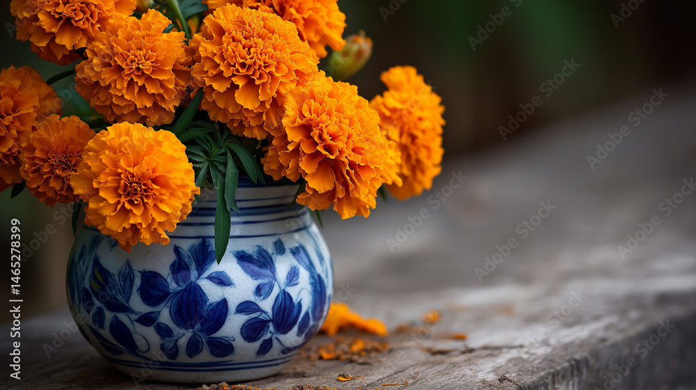 Vibrant orange marigolds in a blue and white ceramic pot, rustic charm