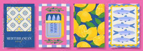 Set of trendy summer covers. Vector illustration with bright posters with sardines, lemons, Italian Mediterranean tiles. Concept flyers for party, holiday, event, card, invitation, banner.