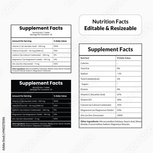 Medicine nutrition facts, supplement facts, fact,  medicine, nutritional, supplement, health, vitamin, vector, nutritional information, nutrition label, resizable & editable.