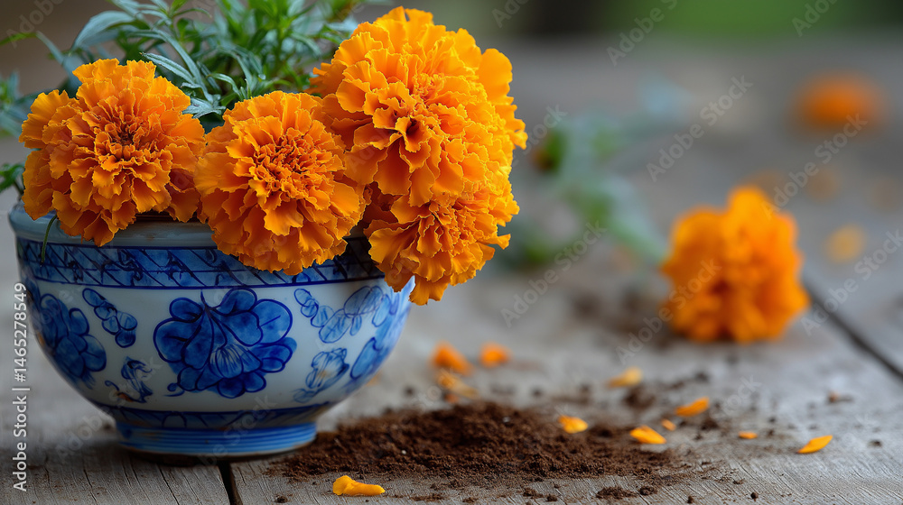 Vibrant orange marigolds in a blue and white ceramic pot on wood table