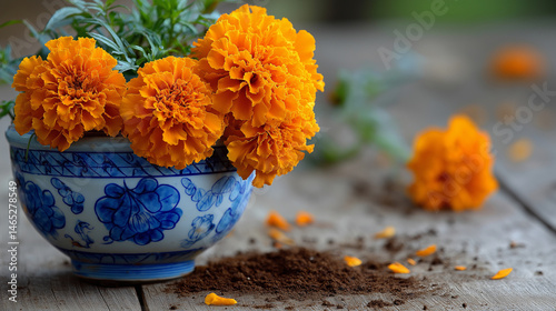 Vibrant orange marigolds in a blue and white ceramic pot on wood table