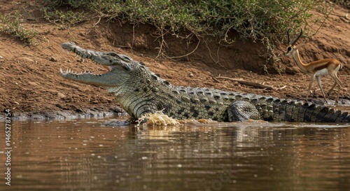 A colossal crocodile emerges from murky river waters near a wary gazelle