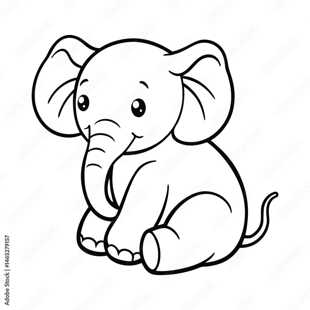 Fototapeta premium Cute Sitting Baby Elephant with Curled Trunk Vector