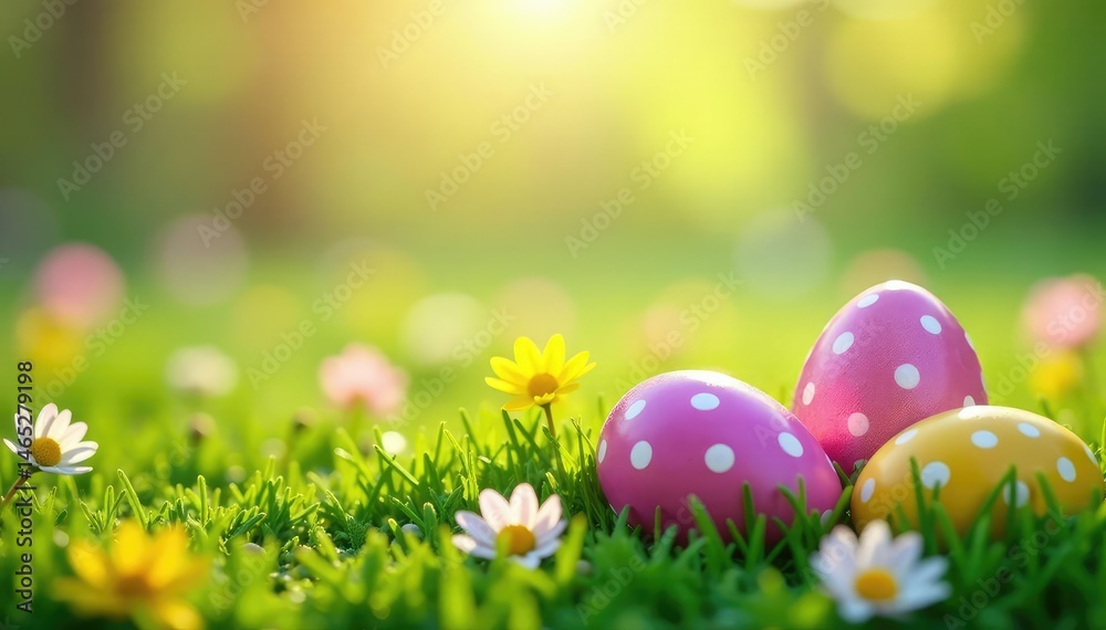 Fototapeta premium Colorful Easter eggs hidden in spring grass, April flowers Festive spring holiday scene , spring flowers, springtime background