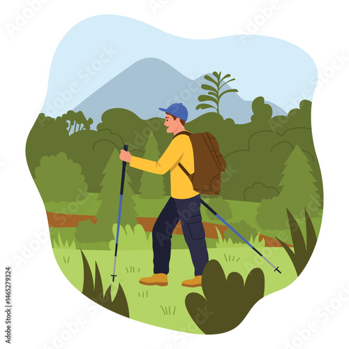 Vector illustration of a man walking with trekking poles. Cartoon scene of a man hiking with Nordic walking poles, backpack, mountains, trees, plants, fir trees, bushes isolated on white background.