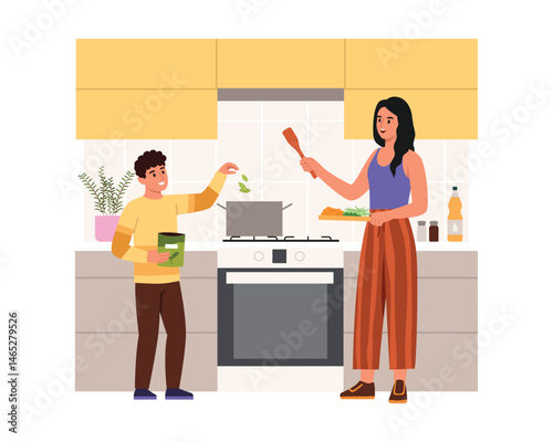 Vector illustration of helping mother in the kitchen.Cartoon scene of mother and son cooking:son adding spices to the pan,mother holding a spatula,board with chopped vegetables.Spending time together.