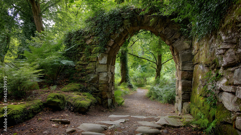 A serene stone archway beneath a canopy of trees