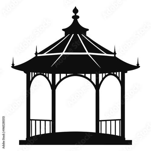 Vector illustration of a colorful pavilion tent in a park with sky and garden background