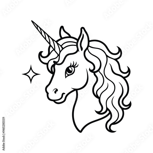 a unicorn head with a curly mane and a sparkling face vector line art
