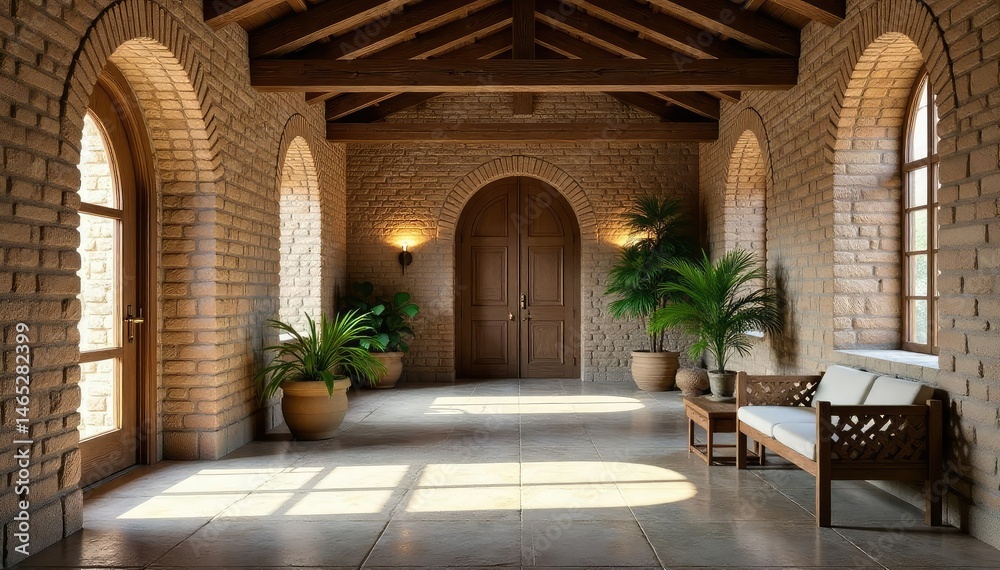 Fototapeta premium Rustic stone foyer with exposed brick wall and wooden beams, rustic, entryway, stone