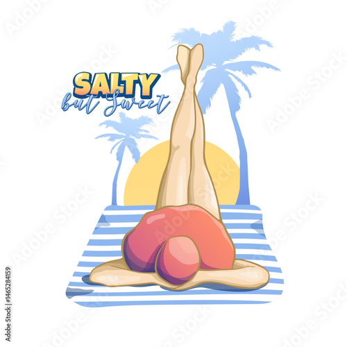 summer postcard with a girl on the beach, in a red hat, palm trees and sun, for your designs, calendar, planner