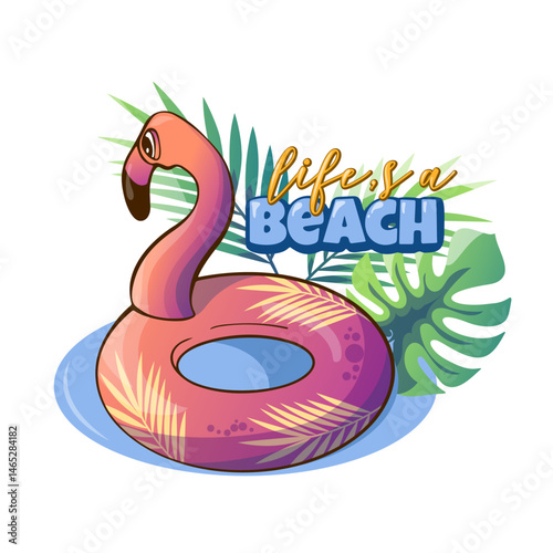 bright summer sticker with the pink flamingo for holiday designs, travel blogs, greeting cards and summer decor.