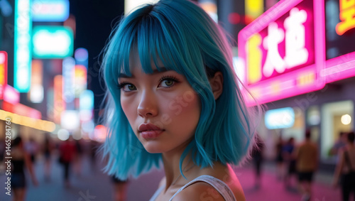 A woman with vibrant blue hair stands on a busy city street, illuminated by colorful neon signs. The atmosphere is buzzing with life and energy, as blurred figures move in the background.