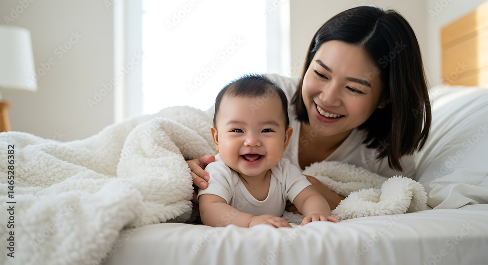 A smiling baby lying on a soft blanket with a smiling woman behind, enjoying a joyful moment. A smiling baby lying on a soft blanket with a smiling woman behind, enjoying a joyful moment.