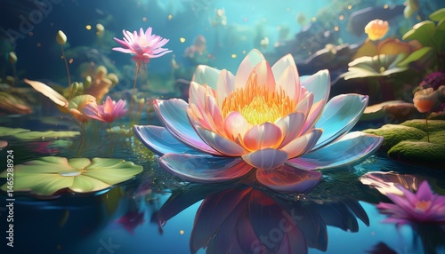 a delicate water lily with petals of soft pastel hues floating on a serene pond amidst lush greenery and vibrant aquatic life aquatic life nature images