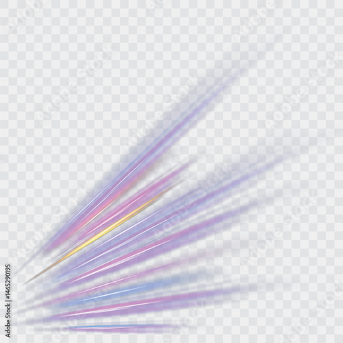 Light beam illustration, neon light strip, high speed motion background, on transparent background in PNG format. Glow luminous glitter shimmer trail. 