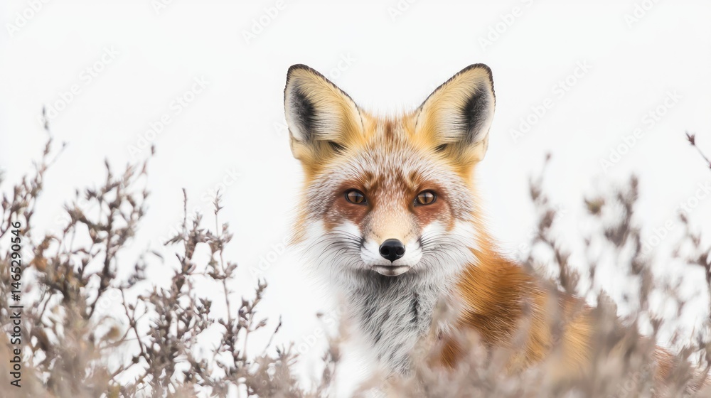 Fototapeta premium A sly red fox peeking through bushes, with its ears perked up, on a white background