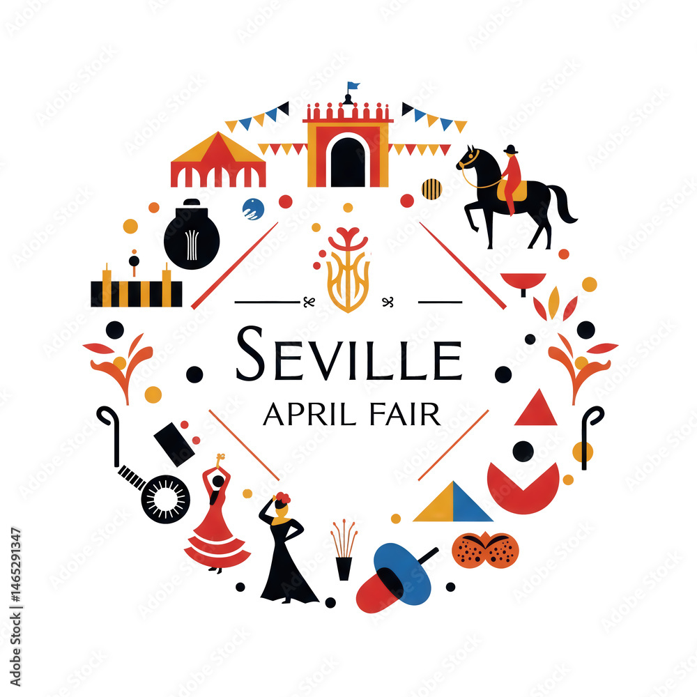 Obraz premium Whimsical circular illustration featuring icons of Seville April Fair, including flamenco dancers, horses, fans, tents, and festive elements.