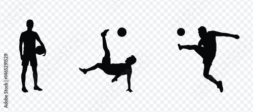 Isolated vector silhouettes depict a group of men playing soccer, and the silhouettes describe team sports athletes.