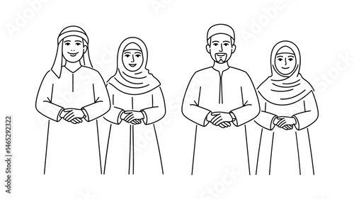 Warm Greetings: A Line Art Depiction of a Muslim family showing welcoming gestures, dressed in traditional attire, exuding warmth and cultural richness.