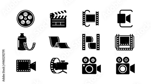 Cinematic Elements: A collection of stylized, monochromatic icons embodies the art and craft of filmmaking, with each symbol representing a facet of the cinematic process.