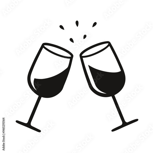 two wine glasses clinking,simple stylized icon,minimalist black and white illustration,line art,vector graphic
