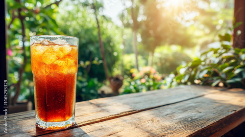 A refreshing glass of iced tea sits on a wooden table outdoors under bright sunlight, surrounded by lush greenery.