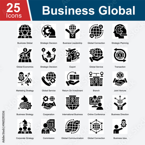 Business Global is a collection of icons representing global business strategies, leadership, international transactions, and global market expansion, emphasizing international collaboration and busin