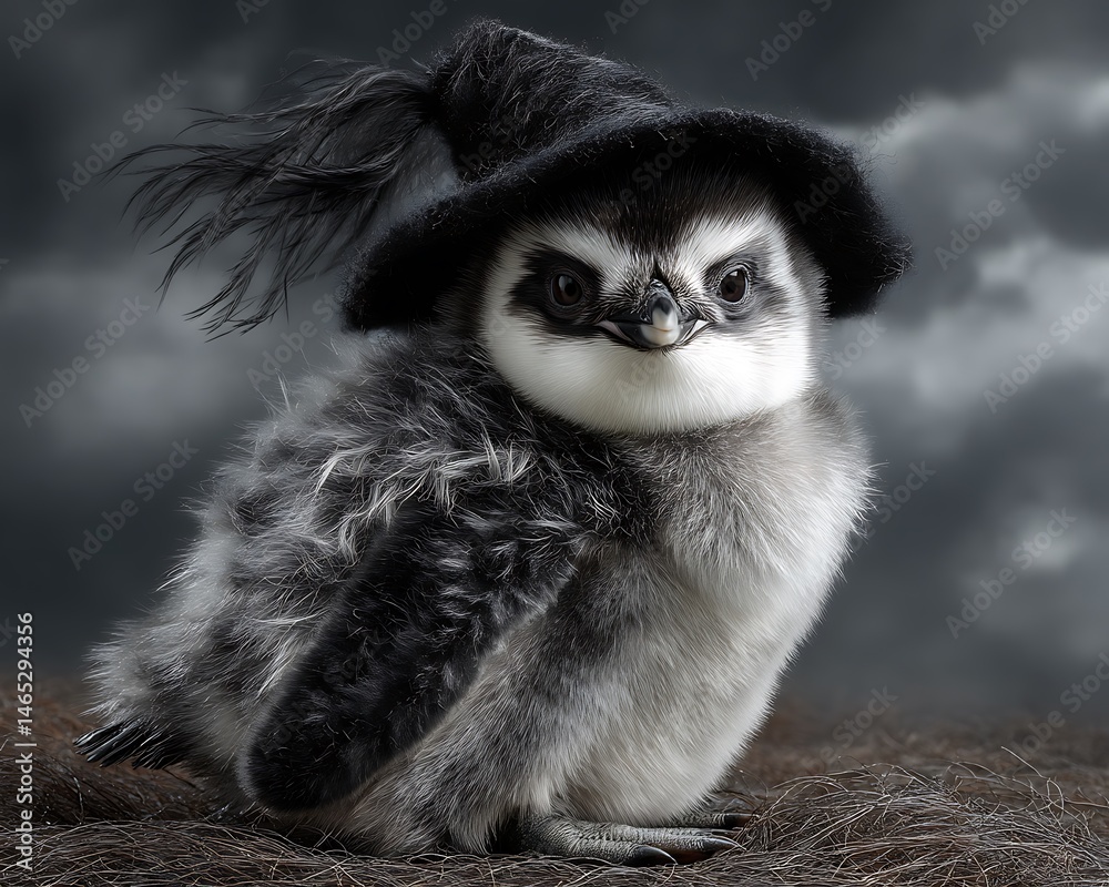 Obraz premium Cute penguin chick in a witch's hat