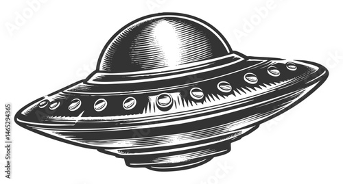 UFO flying saucer blending retro sci-fi with a mysterious extraterrestrial theme sketch engraving generative ai vector illustration. Scratch board. Black and white.
