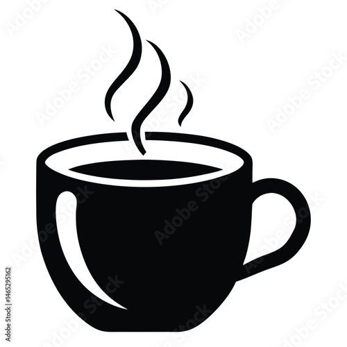 black and white, minimalist illustration, simple silhouette, graphic design, coffee cup, steam rising, hot beverage, monochrome, bold lines, clean aesthetic
