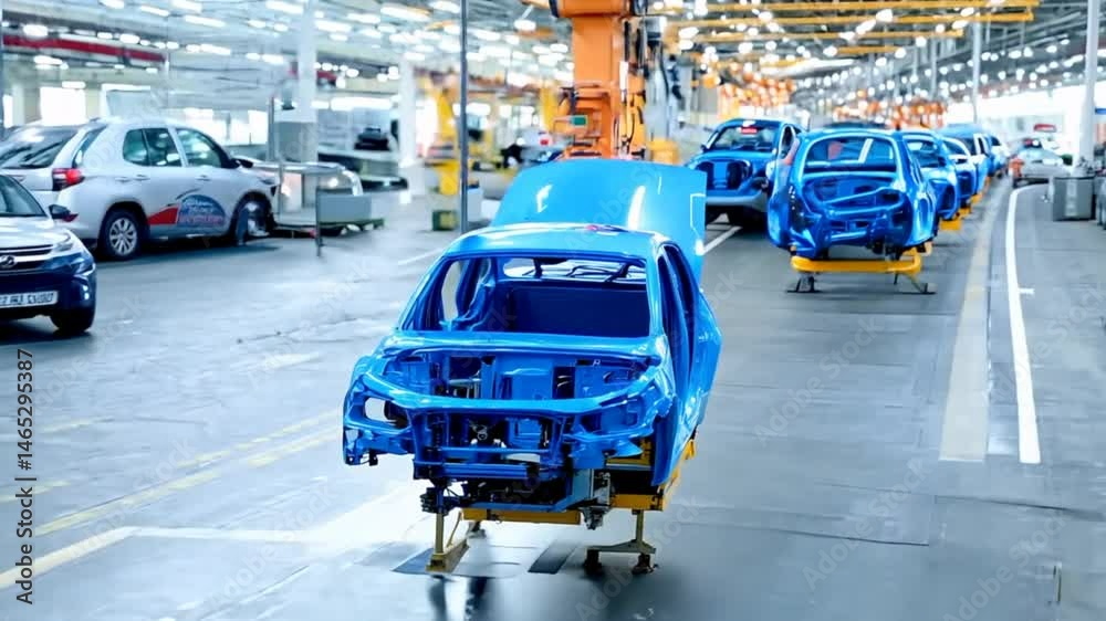 High-tech automotive manufacturing plant showing robotic arms assembling blue car frames on a modern production line. The image highlights advanced industrial automation, precision engineering,