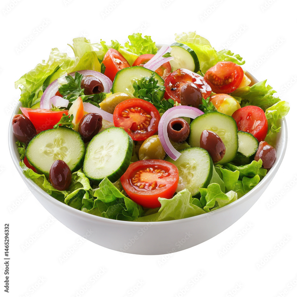 A bowl filled with a fresh salad with tomatoes and cucumbers isolated on transparent background A bowl filled with a fresh salad with tomatoes and cucumbers isolated on transparent background