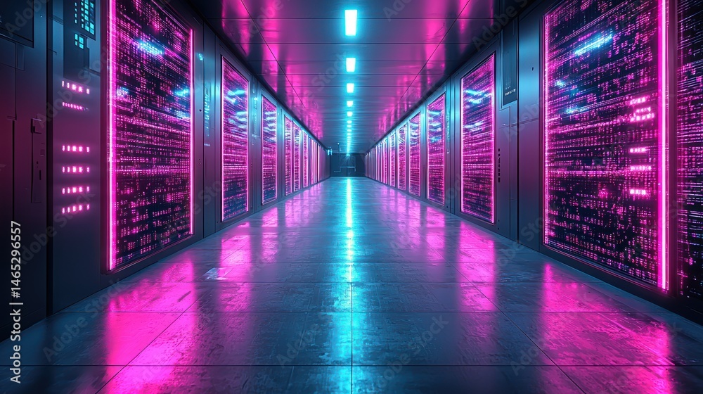 Fototapeta premium Futuristic server room illuminated with vibrant neon lights