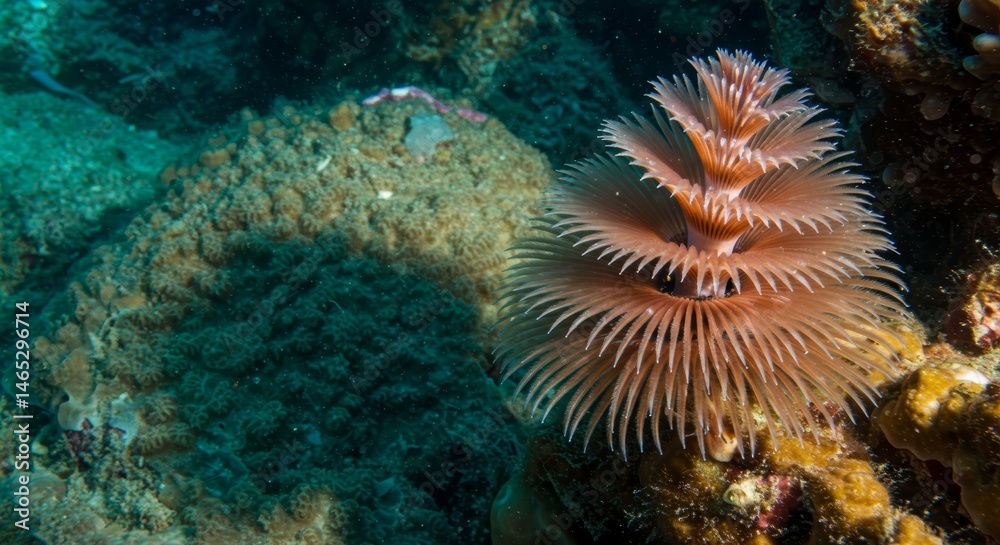Captivating spiral tube-worm gracefully extends its delicate plume in the underwater world Captivating spiral tube-worm gracefully extends its delicate plume in the underwater world