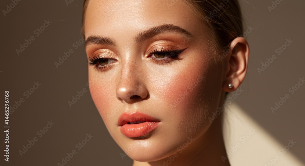 Close Up Portrait of a Young Woman with Glittery Makeup and Peach Tones Close Up Portrait of a Young Woman with Glittery Makeup and Peach Tones