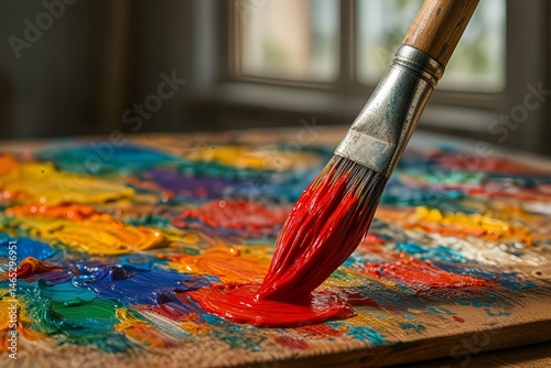 Photorealistic close-up of an artist’s paintbrush dipped in vibrant acrylic paint | paint brush and palette