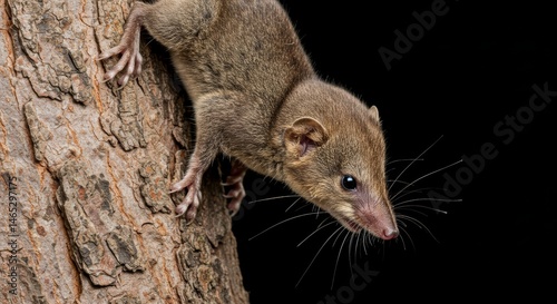 Detailed Close-up of a Fascinating Brown Antechinus Climbing a Rough Tree Trunk