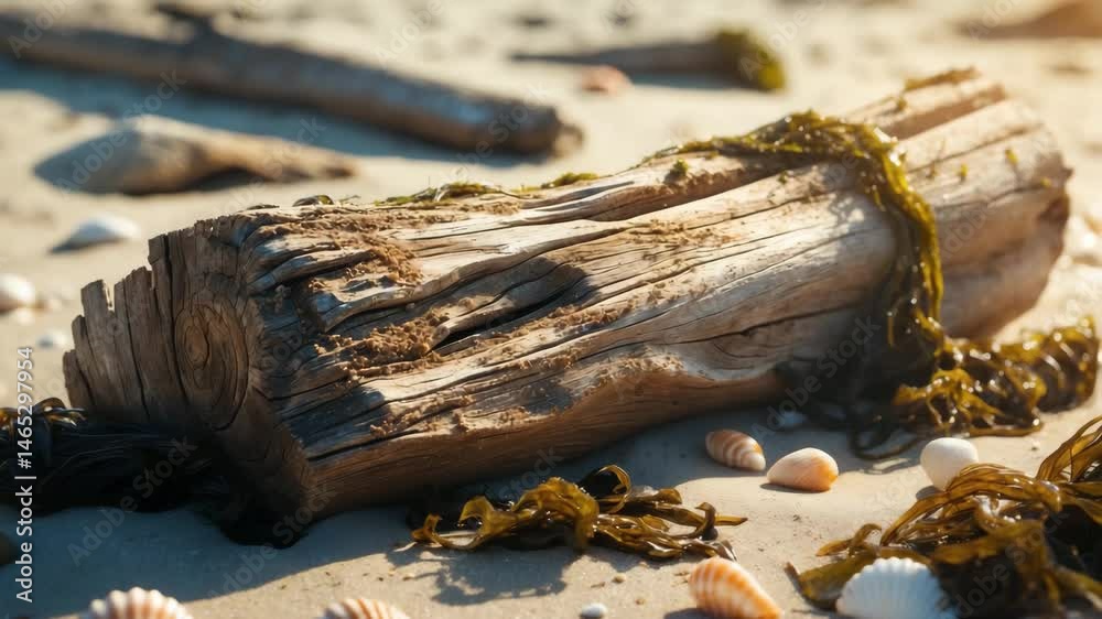 A timber log floated on the water before landing on the beach