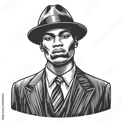 African-American gangster man in a suit, tie, and fedora hat sketch engraving generative ai fictional character vector illustration. Scratch board imitation. Black and white image.