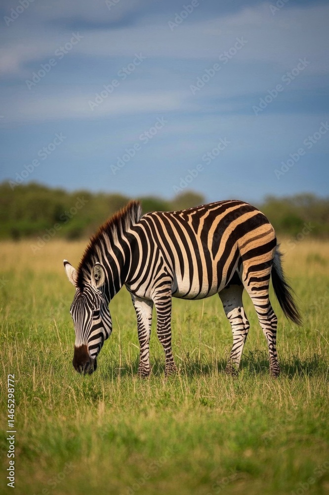 Naklejka premium zebra grazing in a field of grass with trees in the background