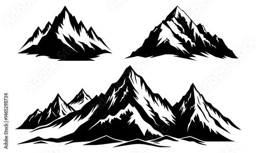 A vector illustration shows a set of camping icons featuring a tent against a snowy mountain landscape with a high peak under a cold, cloudy sky