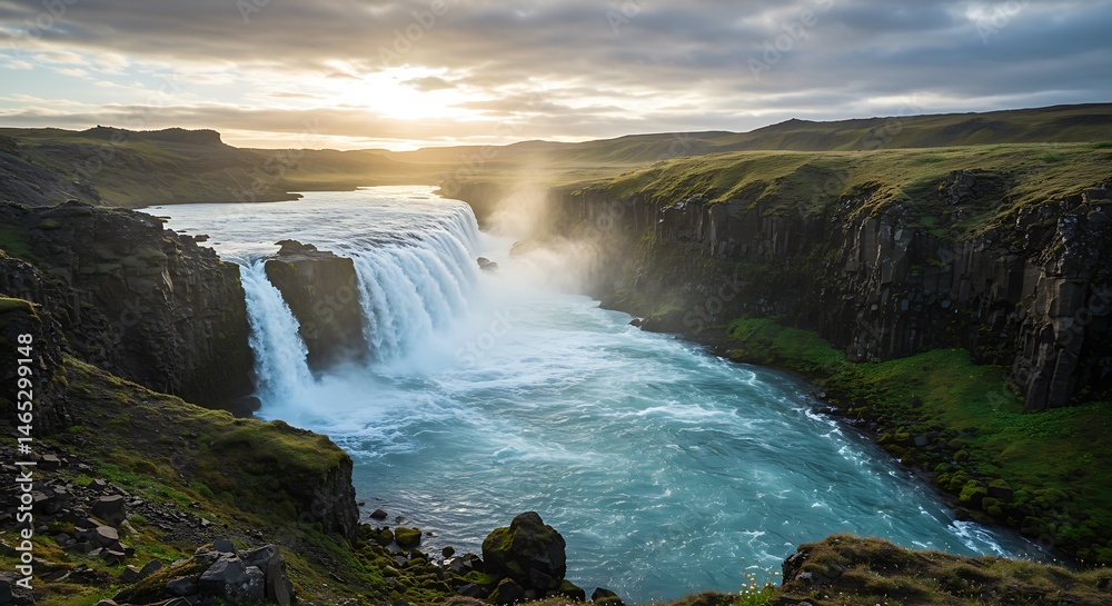 Fototapeta premium Golden Hour's Cascade AI Generated