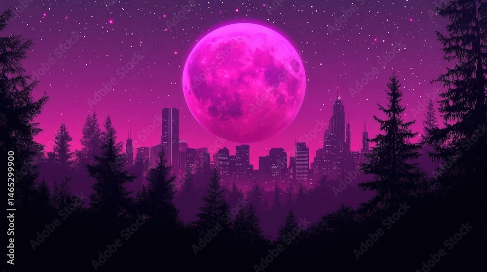 Fototapeta premium Magenta moon over dreamy cityscape