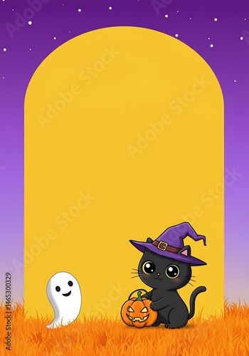 Cute black cat wearing a witch hat holding a pumpkin next to a ghost in orange grass under stars perfect for a Halloween card with copy space for text