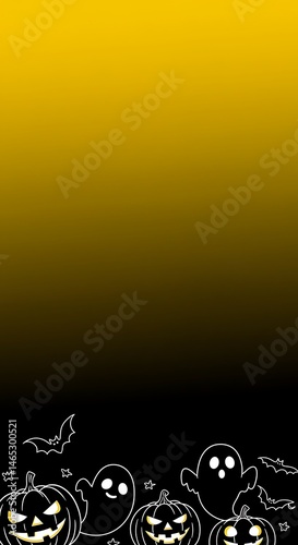 A scary spooky pumpkin and ghost design black background with yellow gradient halloween abstract for greeting card design with copy space