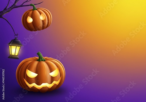 Jack o lantern pumpkin graphic illustration with lamp hanging from tree branch. Spooky autumn halloween background design concept for decoration or greeting card with copy space